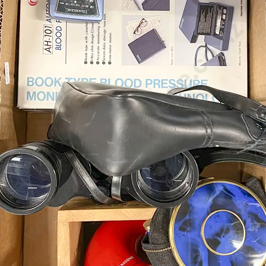 Box of Various Incl. Binoculars and Radio