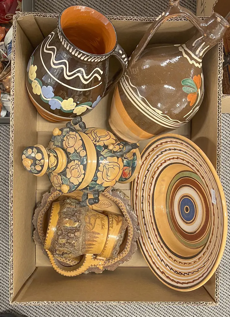 Box of Various Patterned Wooden and Ceramic Plates and Vases Image 1++