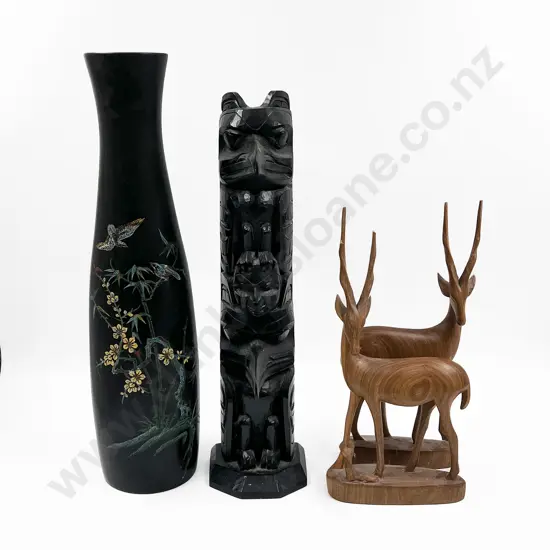 Wooden Asian Vase and Other Carved Wooden Ornaments