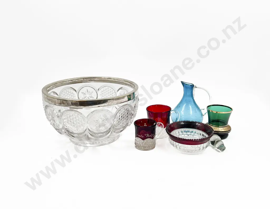 Small Quantity of Coloured Glassware in Pressed Glass Salad Bowl Image 1++