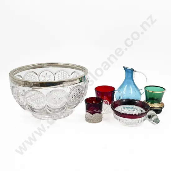 Small Quantity of Coloured Glassware in Pressed Glass Salad Bowl