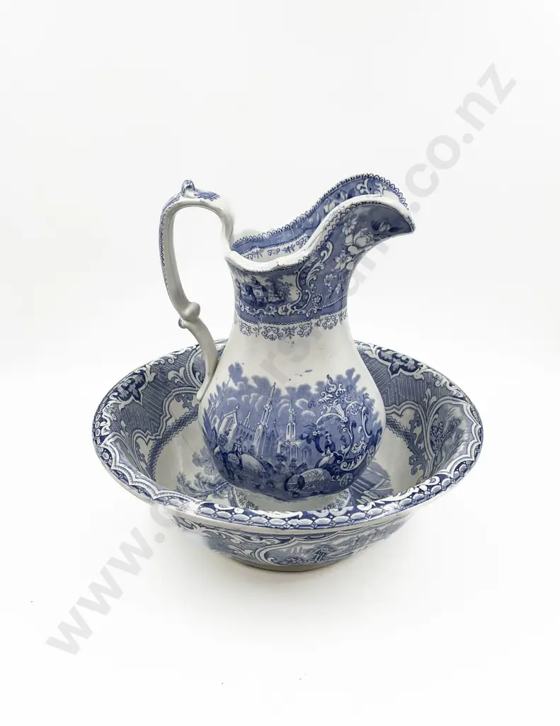 Victorian Blue & White Wash Jug and Basin Image 1++