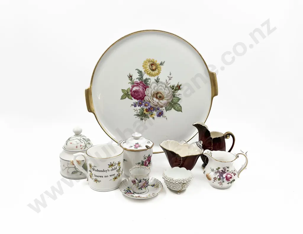 Small Quantity of Assorted Fancy China on Floral Decorated Serving Platter Image 1++