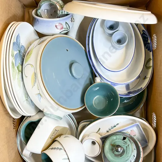 Box Lot of Assorted Stoneware Incl. Denby and Crown Lynn