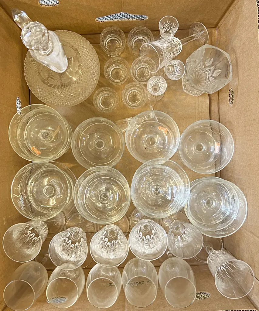 Box of Assorted Crystal & Glassware Incl. Stoppered Ewer Image 1++