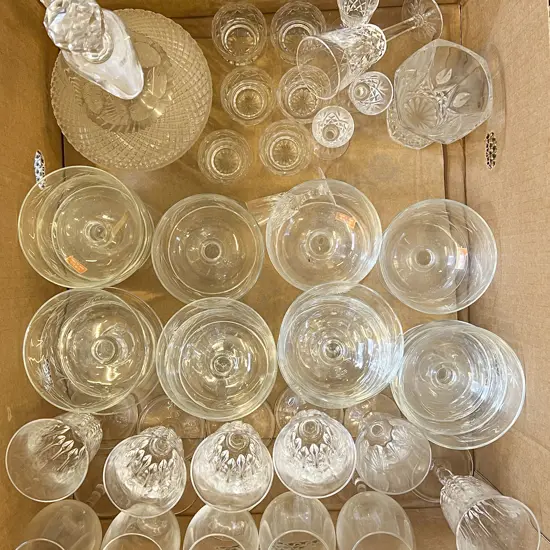 Box of Assorted Crystal & Glassware Incl. Stoppered Ewer