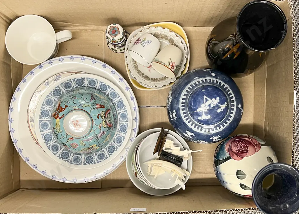 Box of Assorted China Incl. Moorcroft Style Vase Image 1++