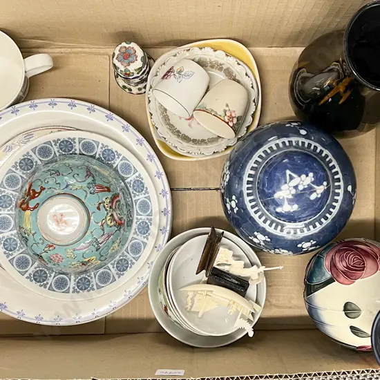 Box of Assorted China Incl. Moorcroft Style Vase