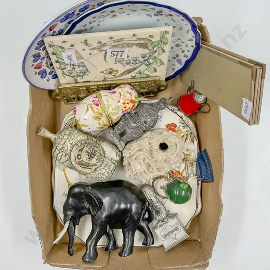 Box Lot of Assorted Incl. Ebony Elephant Etc.