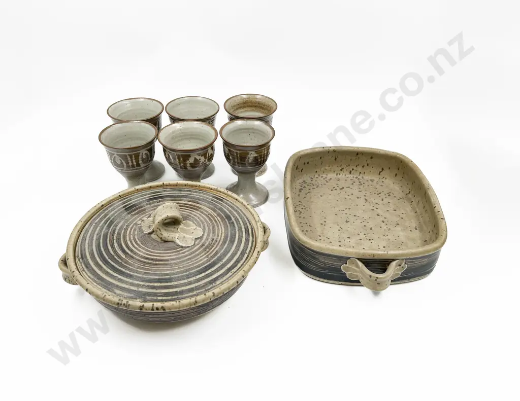 Two Pottery Dishes together with Six Assorted Goblets Image 1++