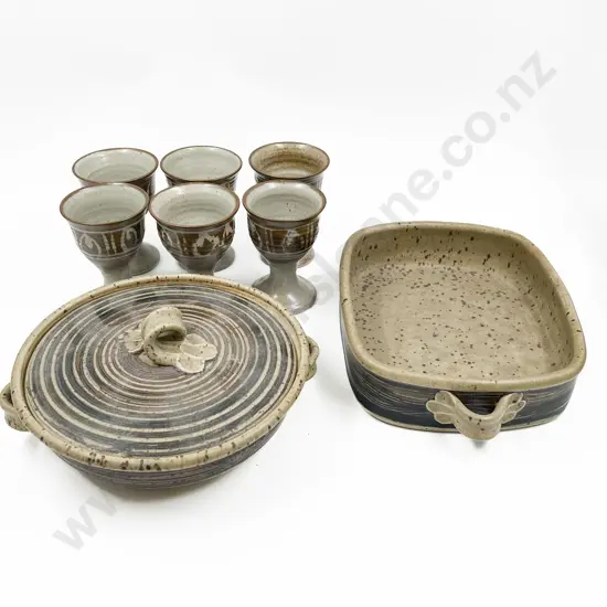 Two Pottery Dishes together with Six Assorted Goblets