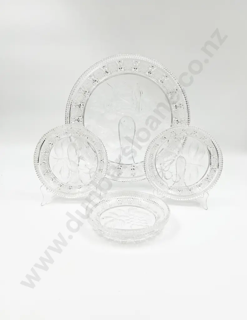 Circular Cut Glass Shallow Bowl and Matching Side Plates Decorated with Fruit Image 1++