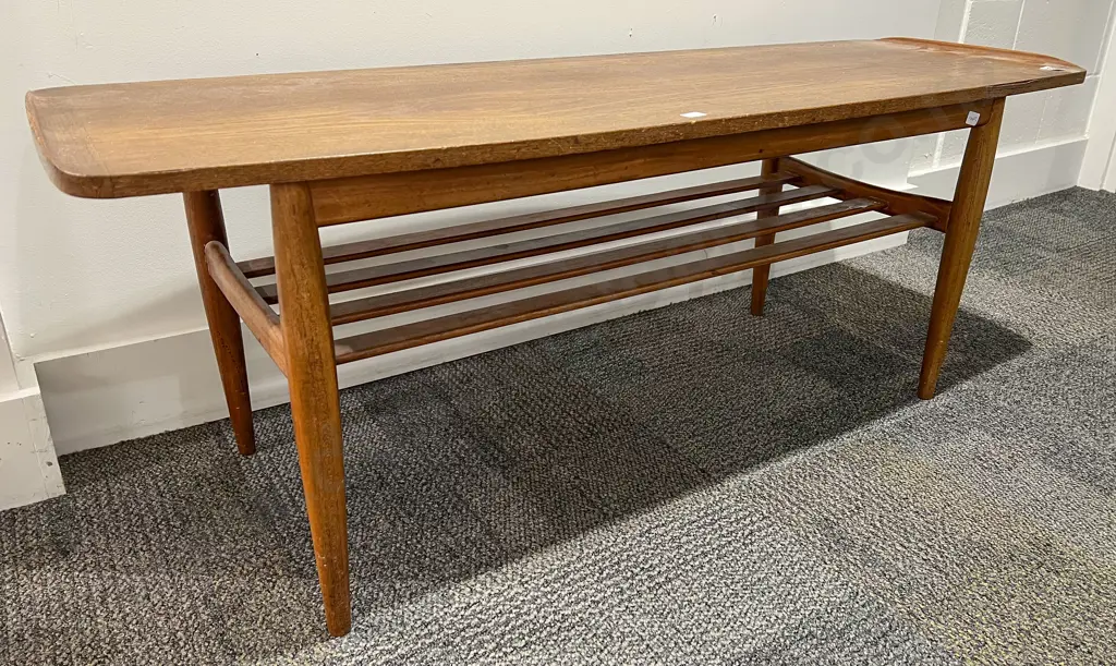 Parker Mid Century Coffee Table with Slatted Under Tier Image 1++