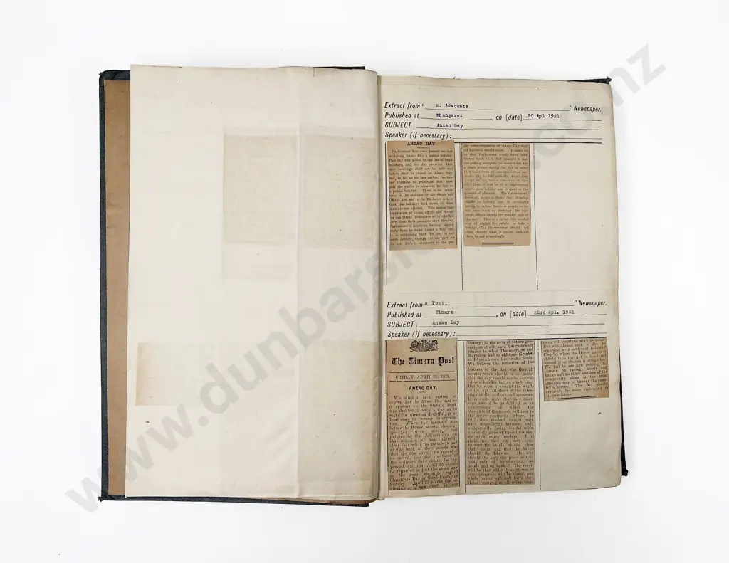 Interesting Album Of Anzac Day 1921 Newspaper Cuttings From All Over NZ Image 1++