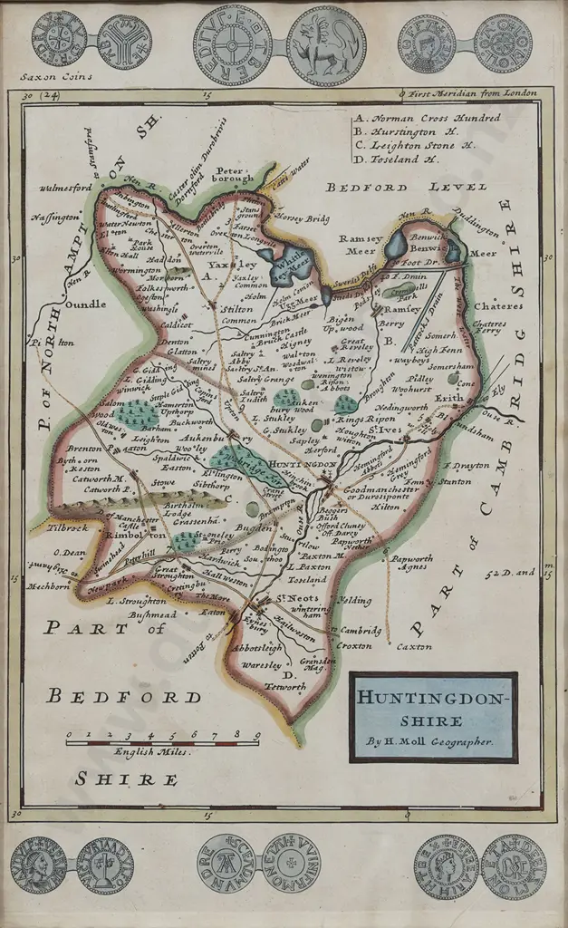 Herman Moll - 18th Century Map Of Huntingdon-Shire Image 1++