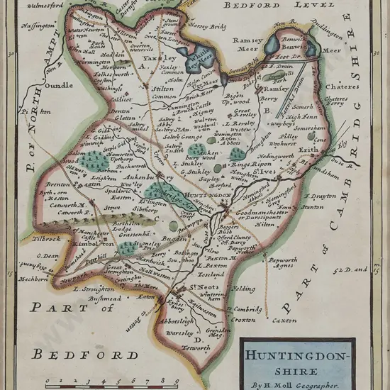 Herman Moll - 18th Century Map Of Huntingdon-Shire