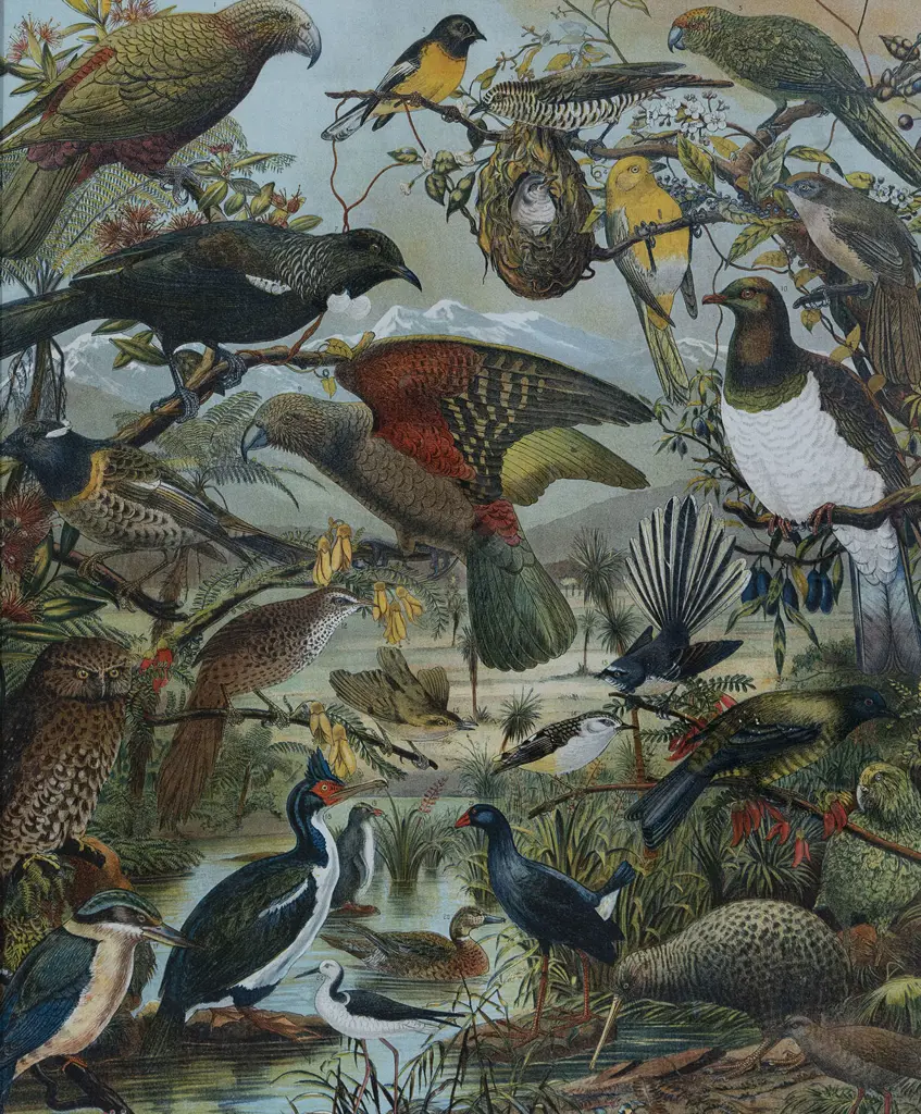 Native Birds Of New Zealand Coloured Lithograph Image 1++