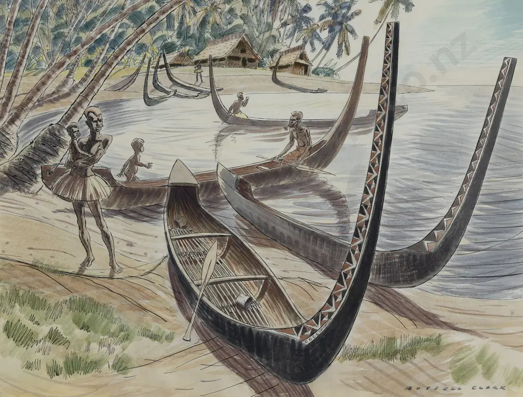 Russell Clark (1905 - 66) - Native Canoes Savo Island Image 1++