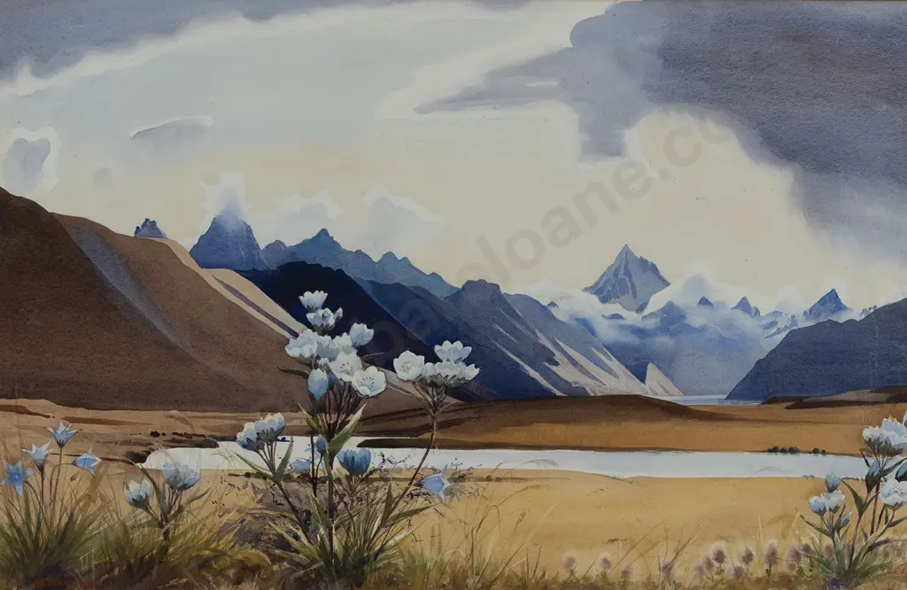 Austen Deans (1915 - 2011) - Southern Alps with Mt Cook Lillies Image 1++
