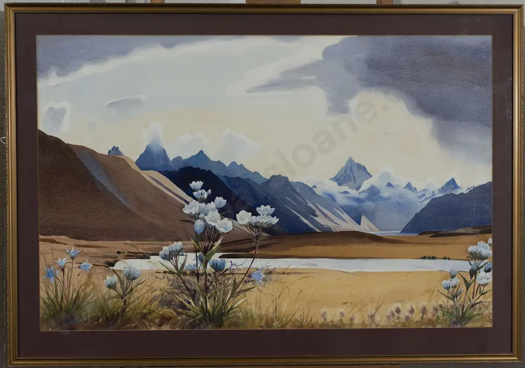 Austen Deans (1915 - 2011) - Southern Alps with Mt Cook Lillies Image 1++