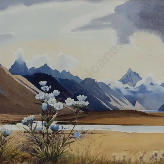 Austen Deans (1915 - 2011) - Southern Alps with Mt Cook Lillies