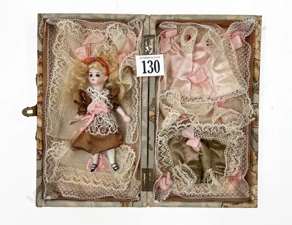 Tiny Antique Bisque Doll with New Silk & Lace Wardrobe Image 1++