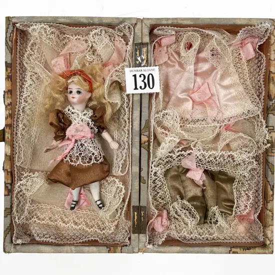 Tiny Antique Bisque Doll with New Silk & Lace Wardrobe
