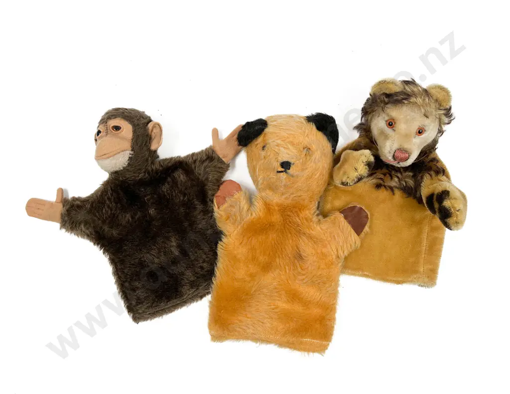 Two Vintage Steiff Hand Puppets Lion and Monkey and Sooty Puppet Image 1++