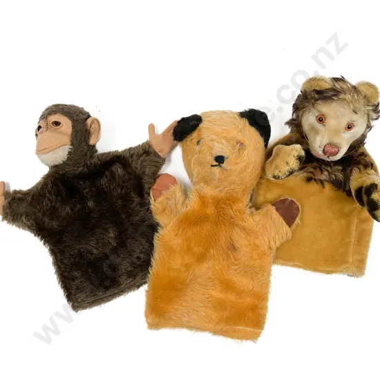 Two Vintage Steiff Hand Puppets Lion and Monkey and Sooty Puppet