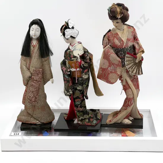 Three Japanese Costume Dolls & Framed Display