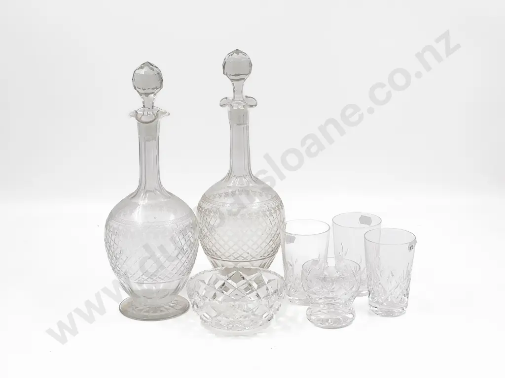 Pair of Etched Glass Decanters and Small Quantity of Crystal Image 1++