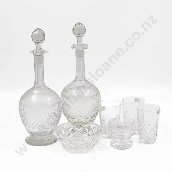 Pair of Etched Glass Decanters and Small Quantity of Crystal