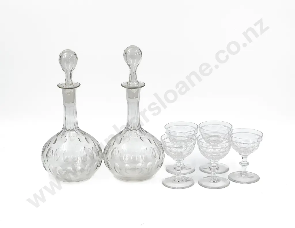 Pair of Victorian Glass Decanters and Five Crystal Liqueur Goblets Image 1++