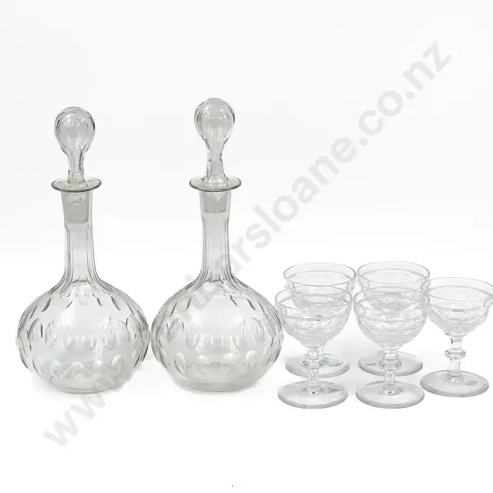 Pair of Victorian Glass Decanters and Five Crystal Liqueur Goblets