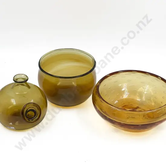 Three Pieces of Assorted Amber Art Glass Incl. Tony Kuepfer