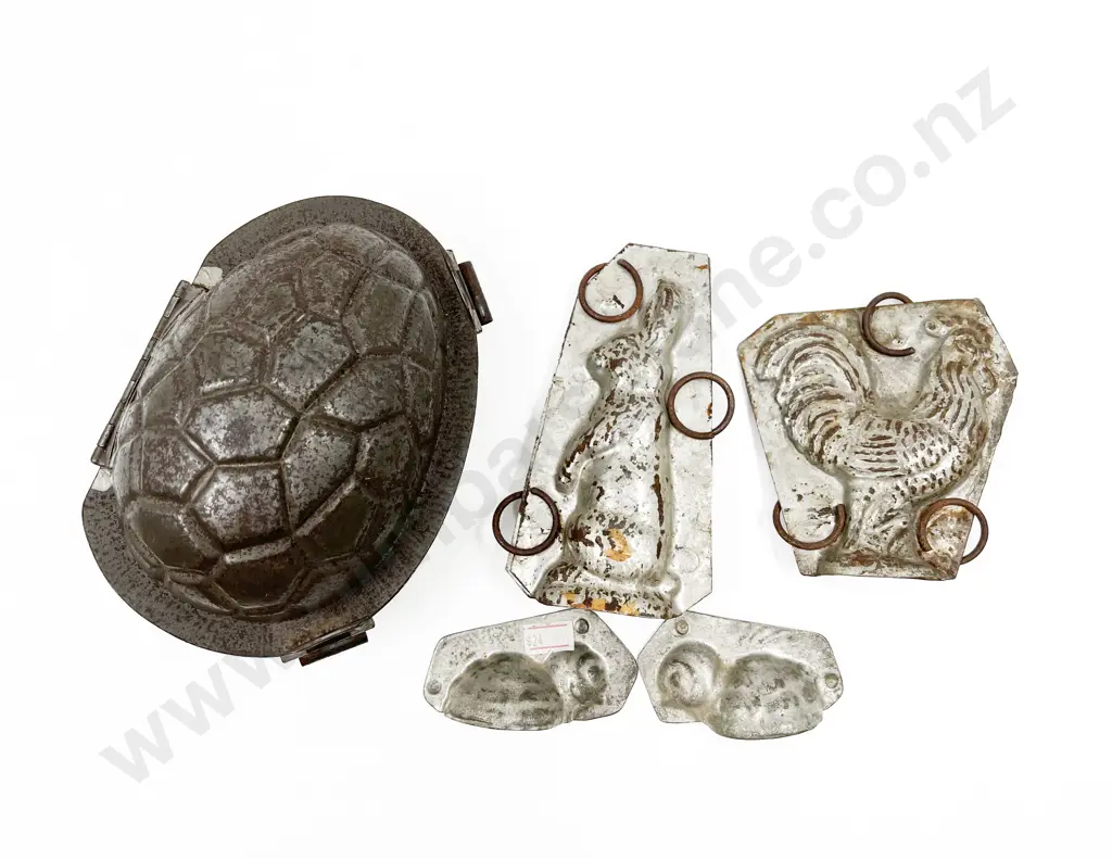 Four Assorted Vintage Chocolate Moulds on Pottery Plate Image 1++
