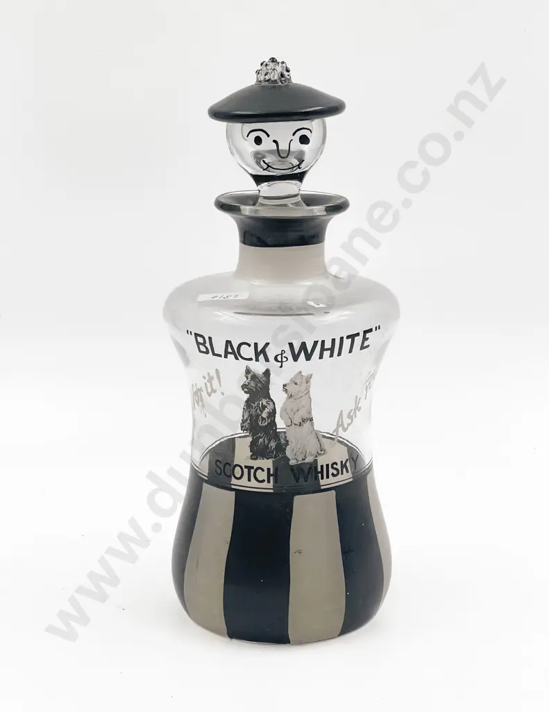 Hand-painted Black & White Scotch Whisky Glass Advertising Decanter Image 1++