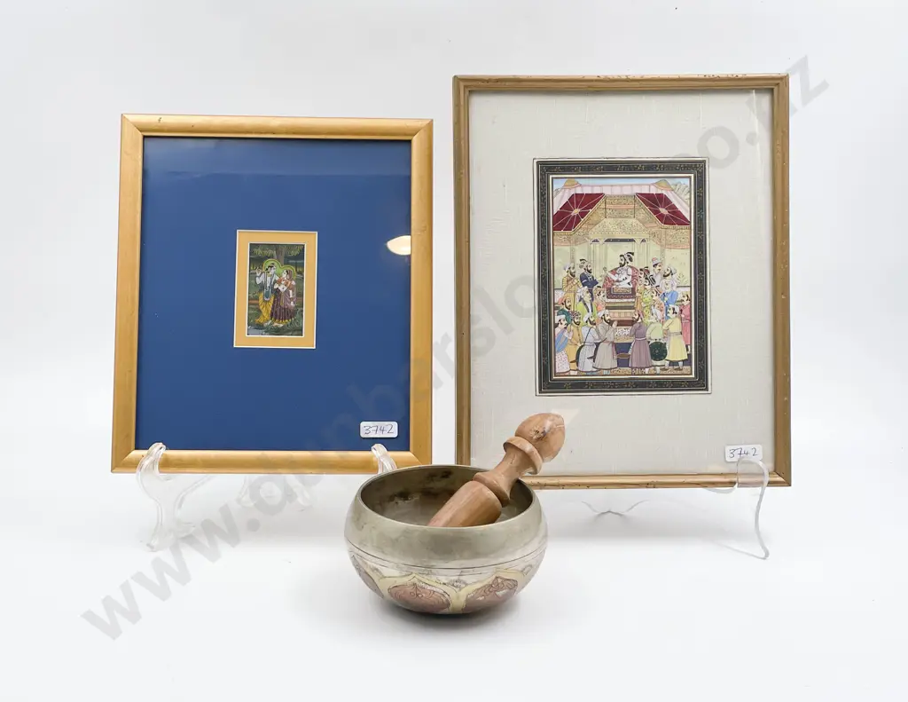 Two Moghul School Paintings & Singing Bowl Image 1++