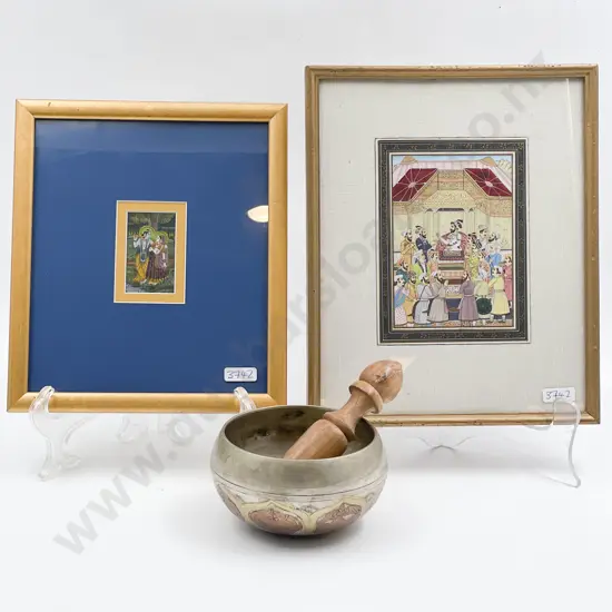 Two Moghul School Paintings & Singing Bowl