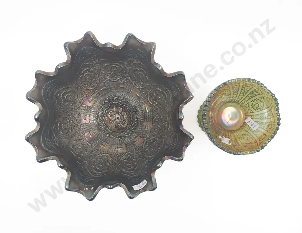 Two Pieces of Iridescent Carnival Glass Including Footed Bowl Image 1++