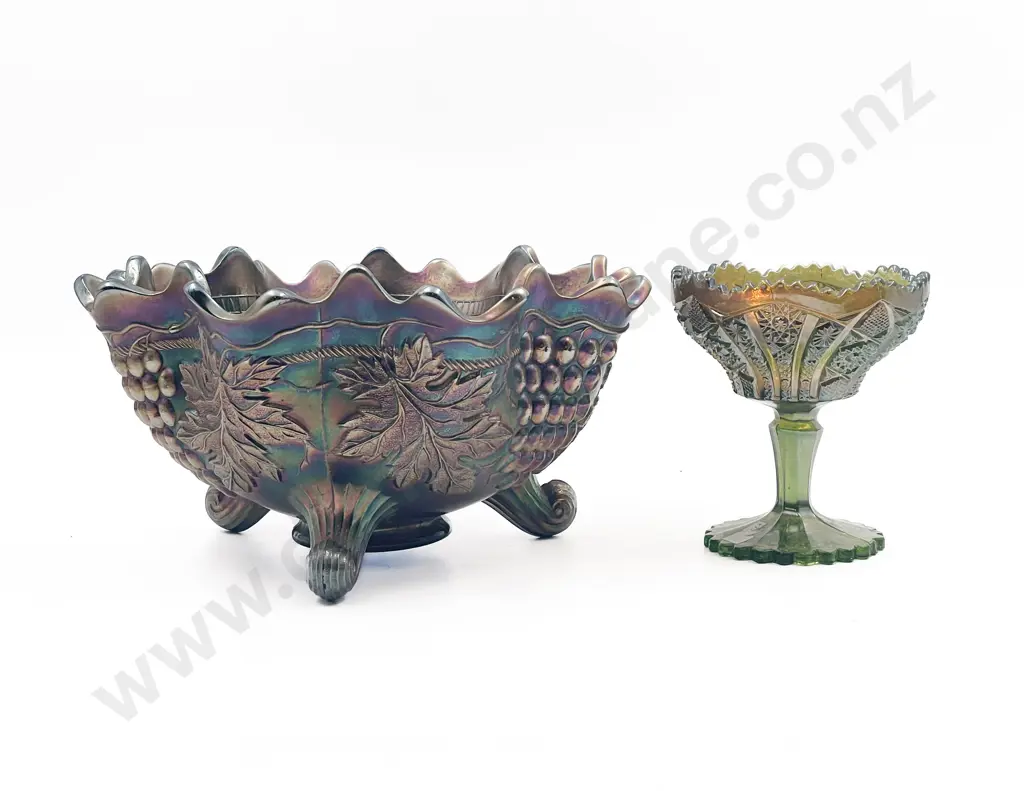 Two Pieces of Iridescent Carnival Glass Including Footed Bowl Image 1++