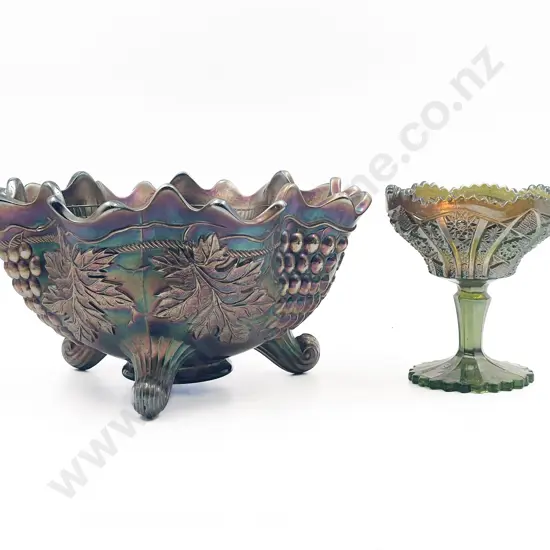 Two Pieces of Iridescent Carnival Glass Including Footed Bowl