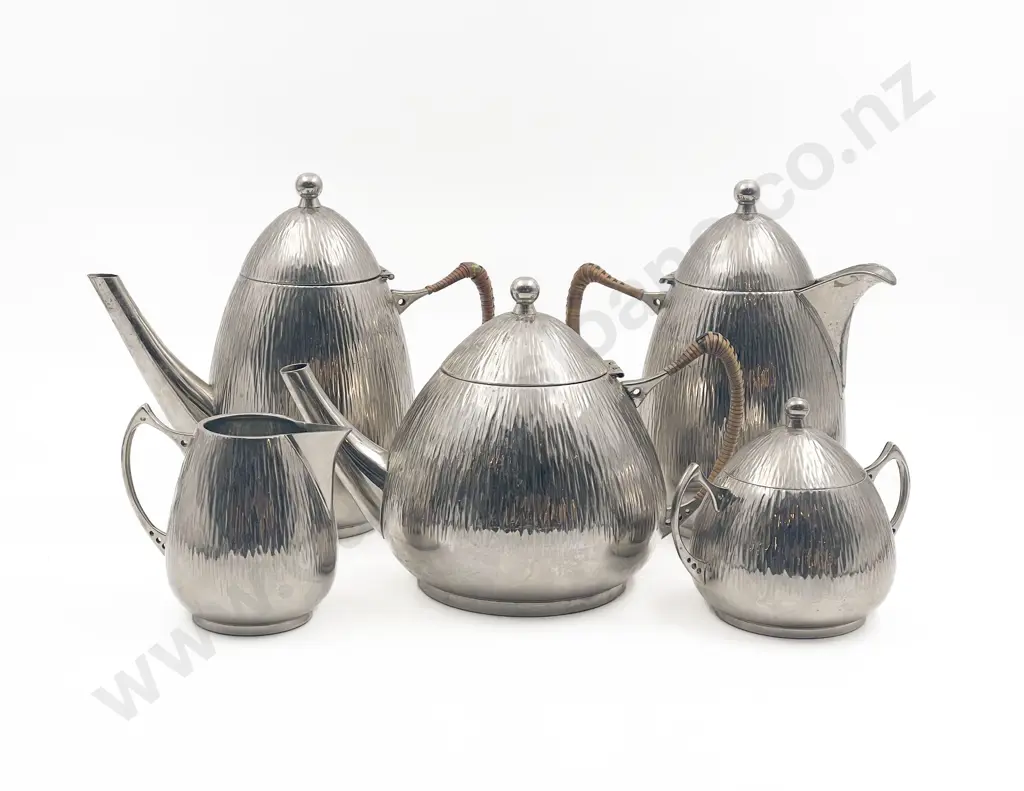 Five Piece Decorative Pewter Tea Set Image 1++