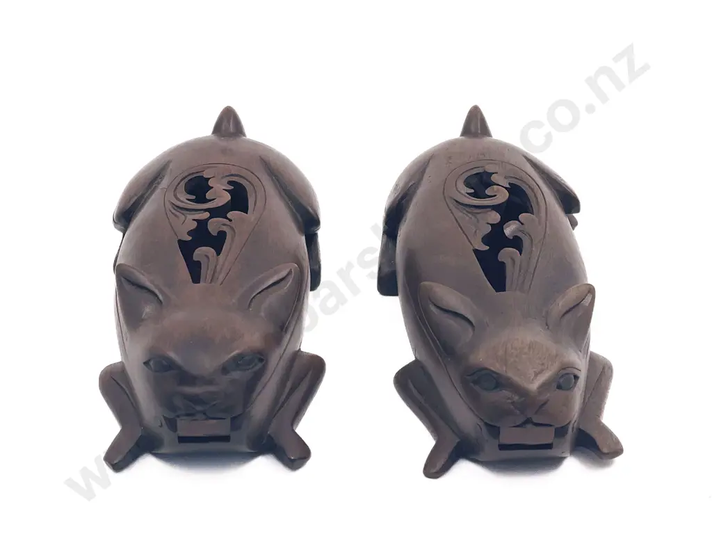 Pair of Carved Rabbit Form Trinket Boxes Image 1++