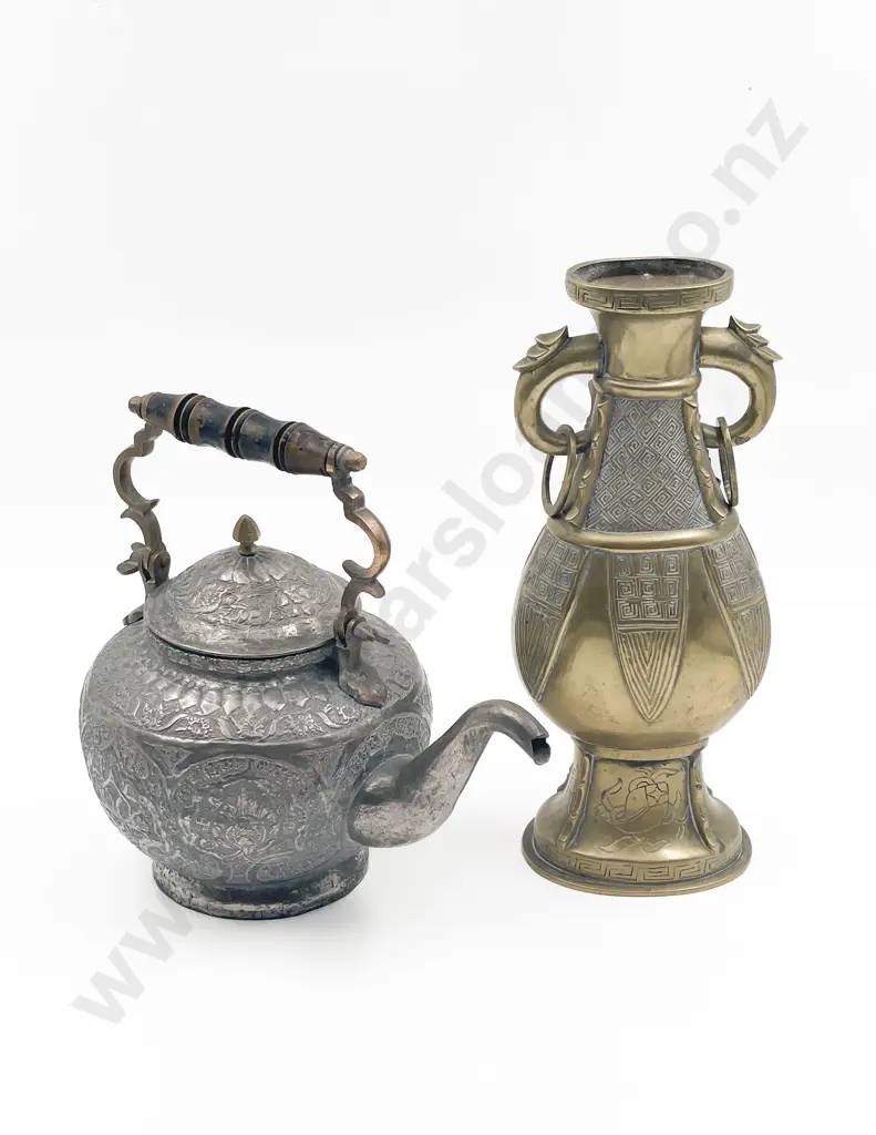 Brass Vase Together with Decorative Teapot Image 1++