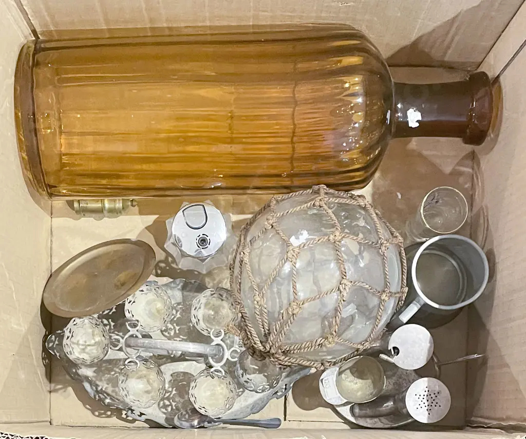 Box of Assorted Including Large Amber Glass Bottle and Small Glass Buoy etc Image 1++
