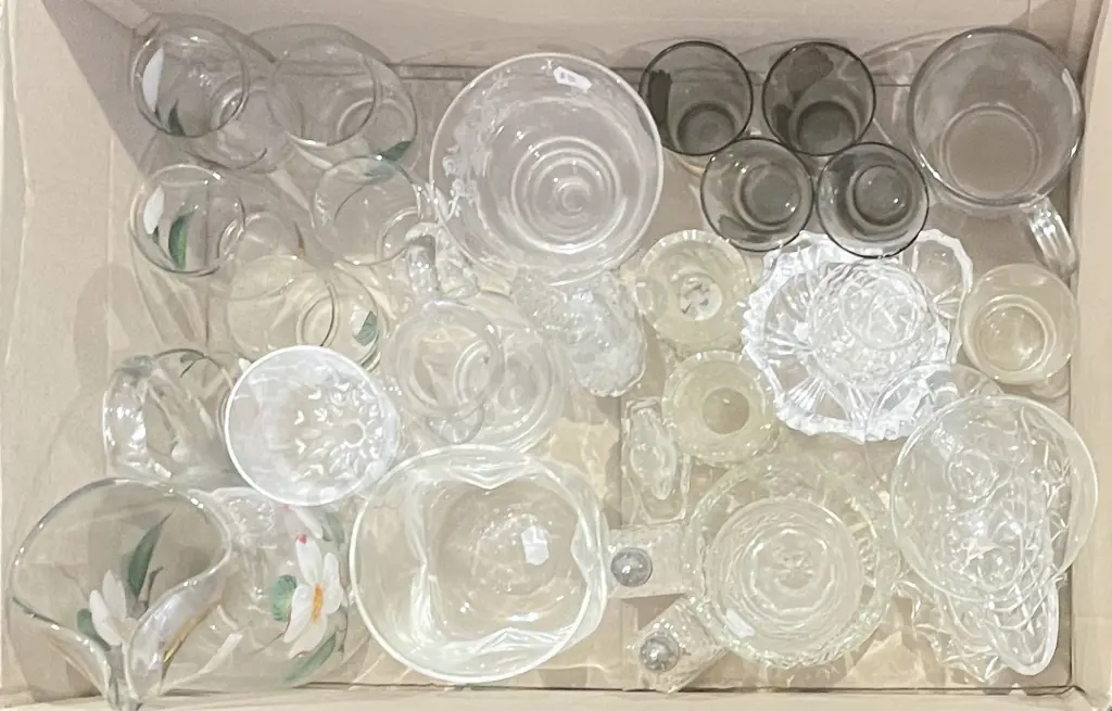 Box of Assorted Crystal and Glassware Including Lemonade Set and Hollow Stemmed Champagne Glass Image 1++