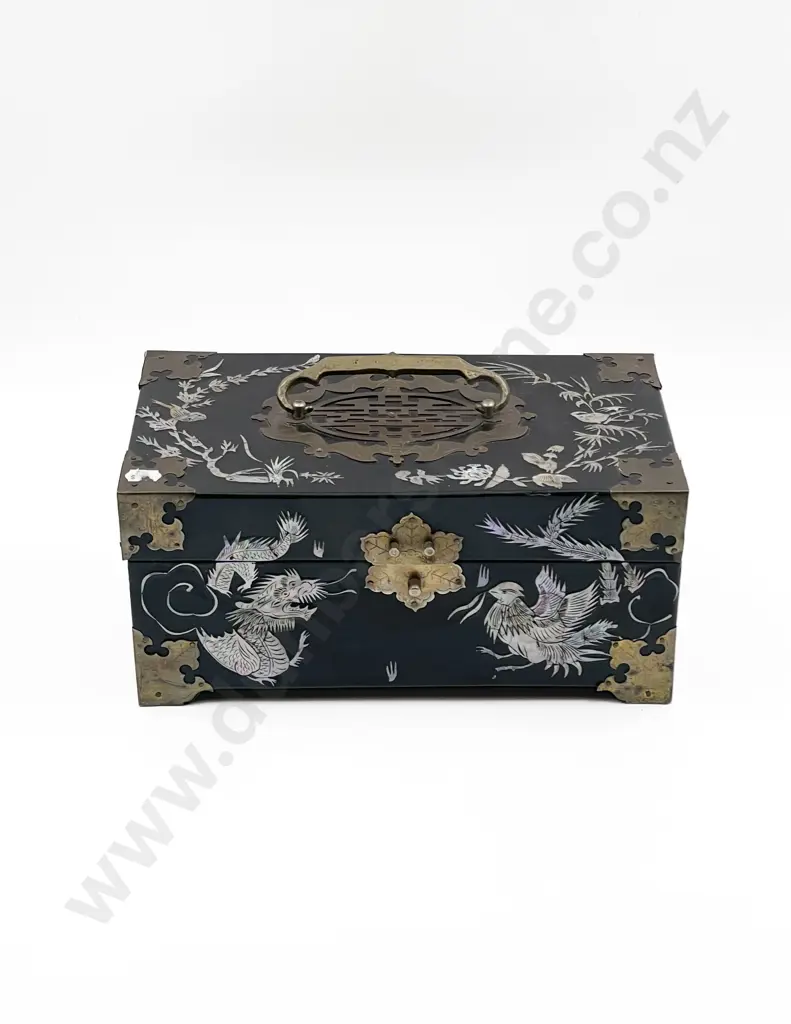 MOP Inlaid and Brass Bound Jewellery Box with Mirrored Interior Image 1++