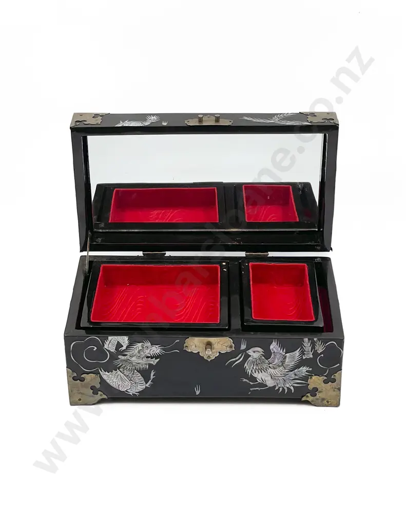 MOP Inlaid and Brass Bound Jewellery Box with Mirrored Interior Image 1++