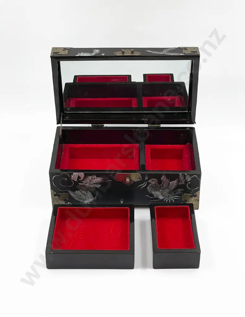MOP Inlaid and Brass Bound Jewellery Box with Mirrored Interior Image 1++